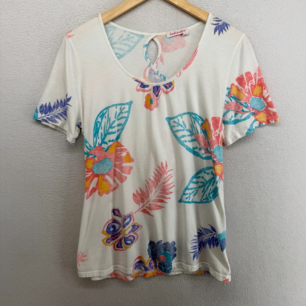 FRESH PRODUCE Top S Floral Cutout Scoop Neck Short Sleeve Blouse White USA